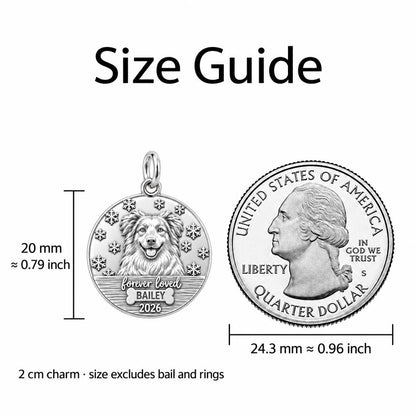 Winter Snowflake Pet Memorial Charm Bracelet – Personalized Dog Mom – size guide, 2 cm charm next to a quarter
