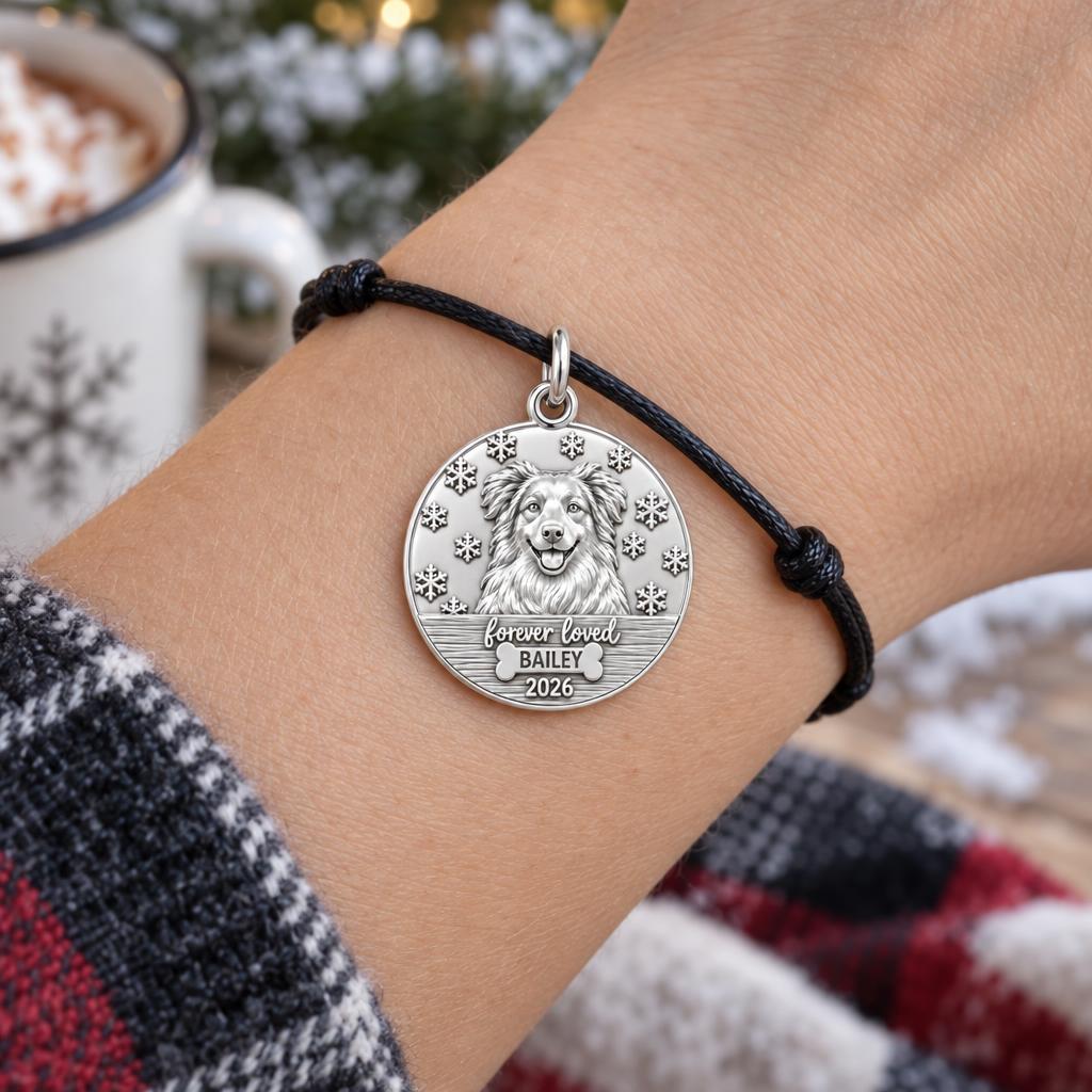 Winter Snowflake Pet Memorial Charm Bracelet – Personalized Dog Mom – worn on the wrist on a black cord bracelet