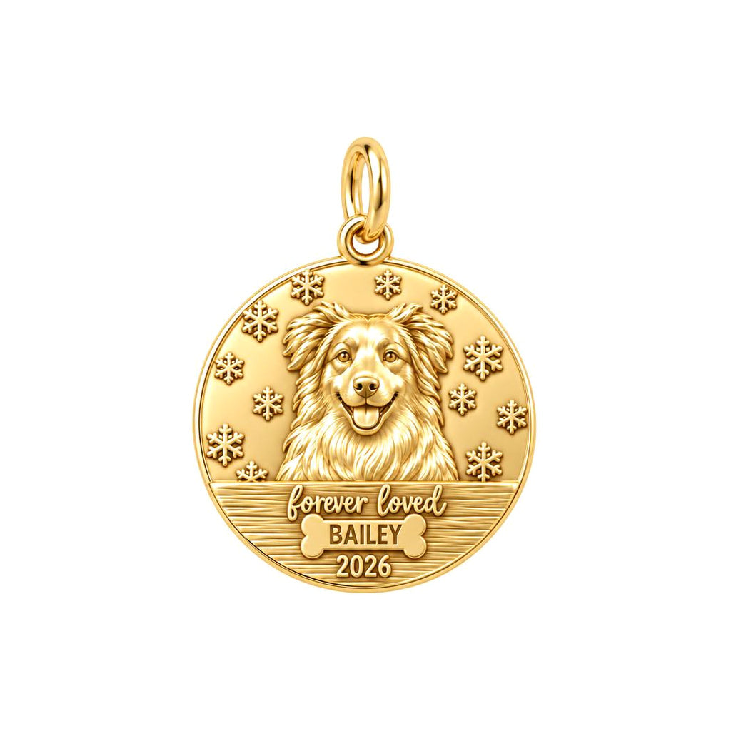 Winter Snowflake Pet Memorial Charm Bracelet – Personalized Dog Mom – 18K gold plated 2 cm charm, front view