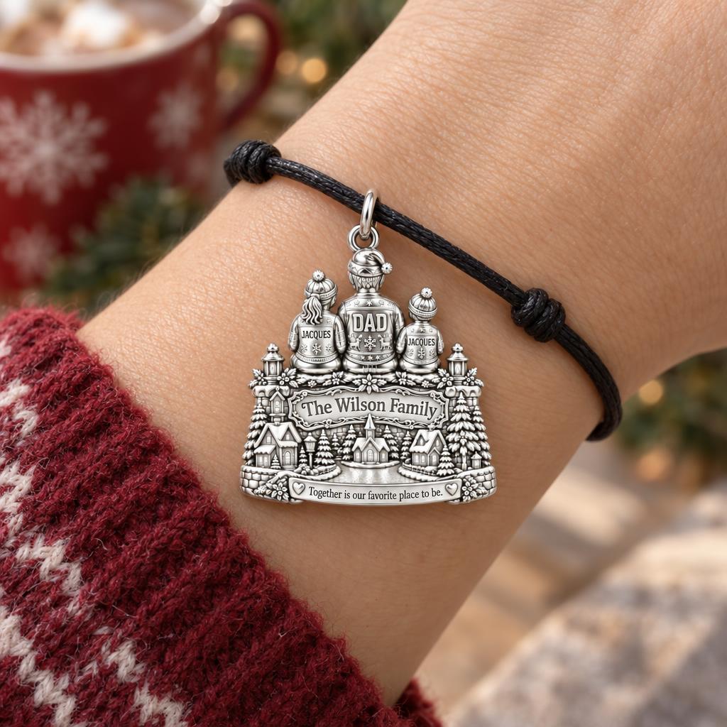 Winter Village Family Charm Bracelet – Personalized Mom Gift – worn on the wrist on a black cord bracelet
