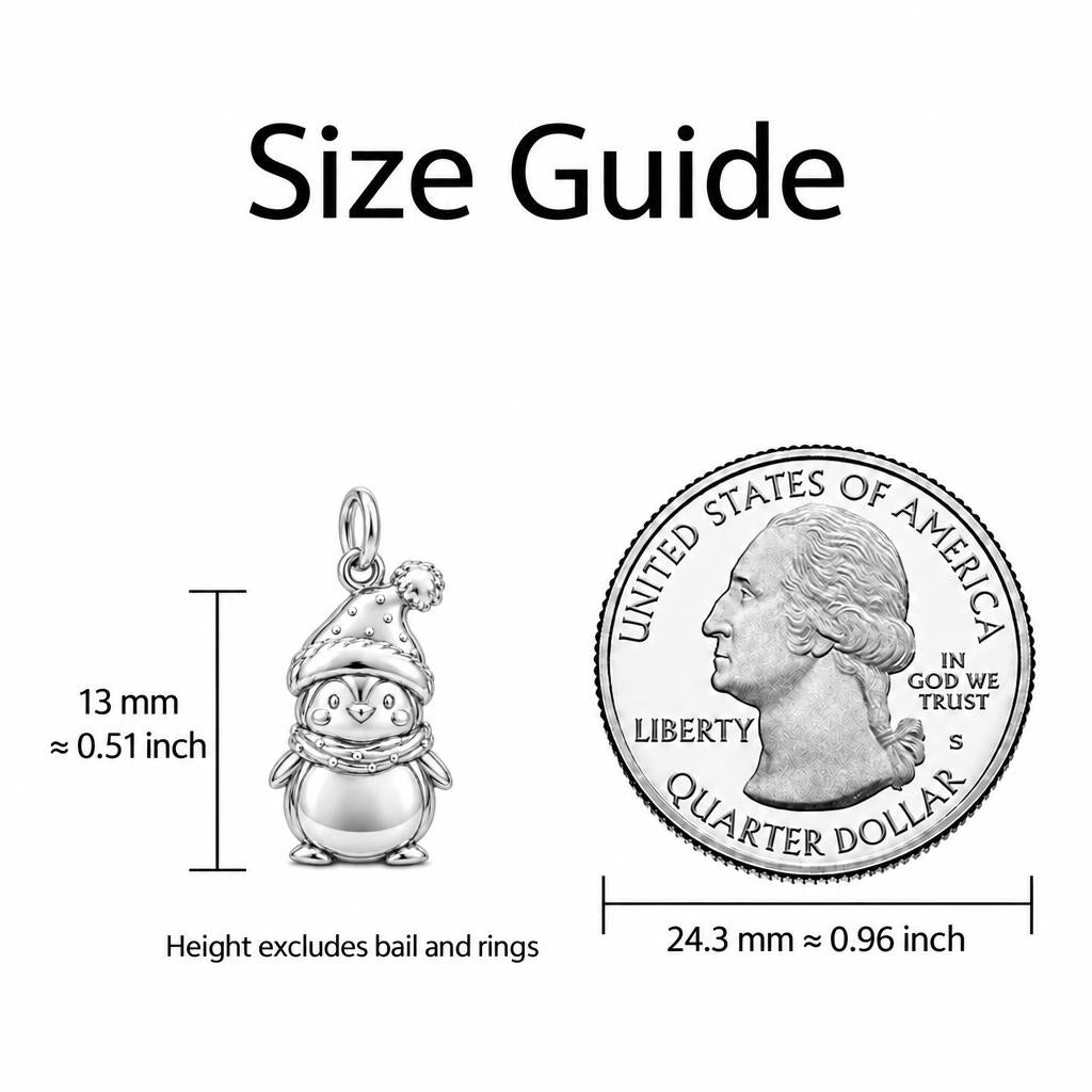 Winter Waddle Penguin Charm Bracelet – Personalized Daughter Gift – size guide, 13 mm charm next to a quarter