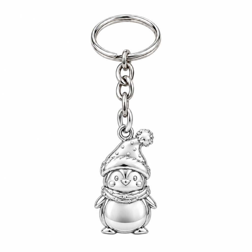 Winter Waddle Penguin Charm Keychain – silver, front view