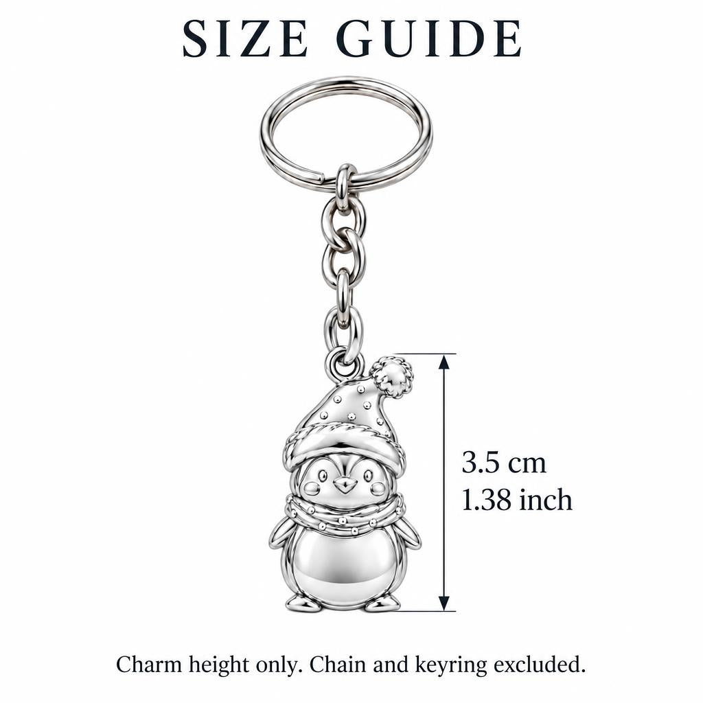 Winter Waddle Penguin Charm Keychain – size guide, 3.5 cm (1.38 in) charm, chain and keyring excluded