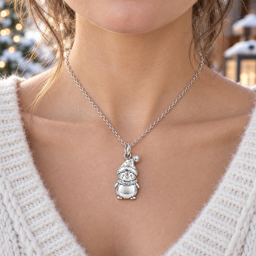 Winter Waddle Penguin Charm Necklace Set – worn / in use