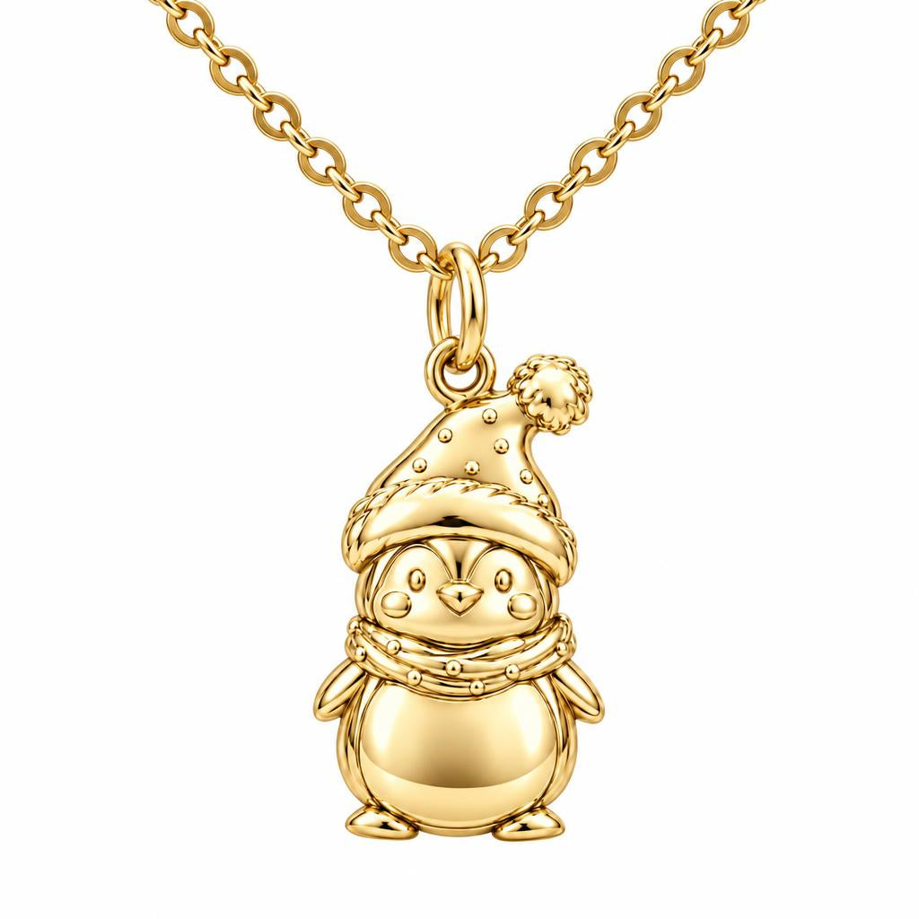 Winter Waddle Penguin Charm Necklace Set – 18K gold, front view