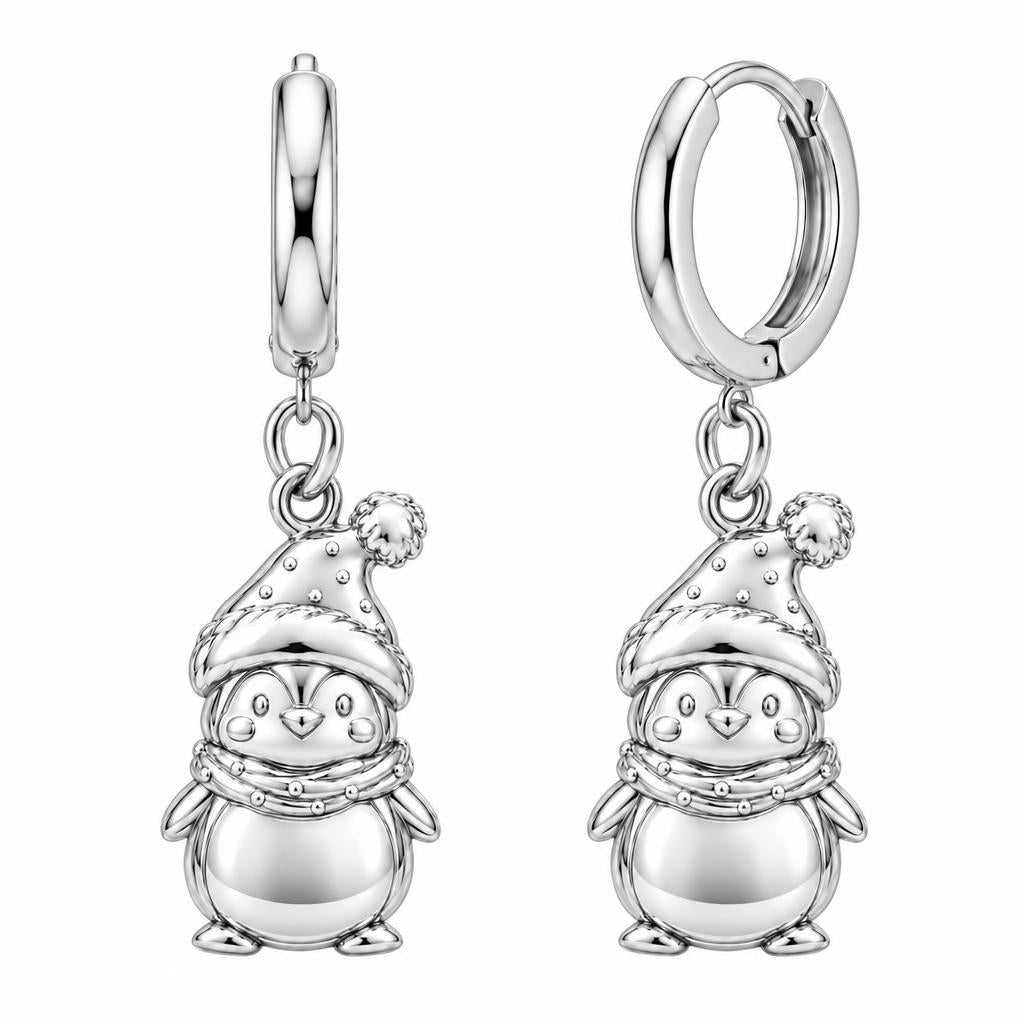 Winter Waddle Penguin Huggie Charm Earrings – silver, front view