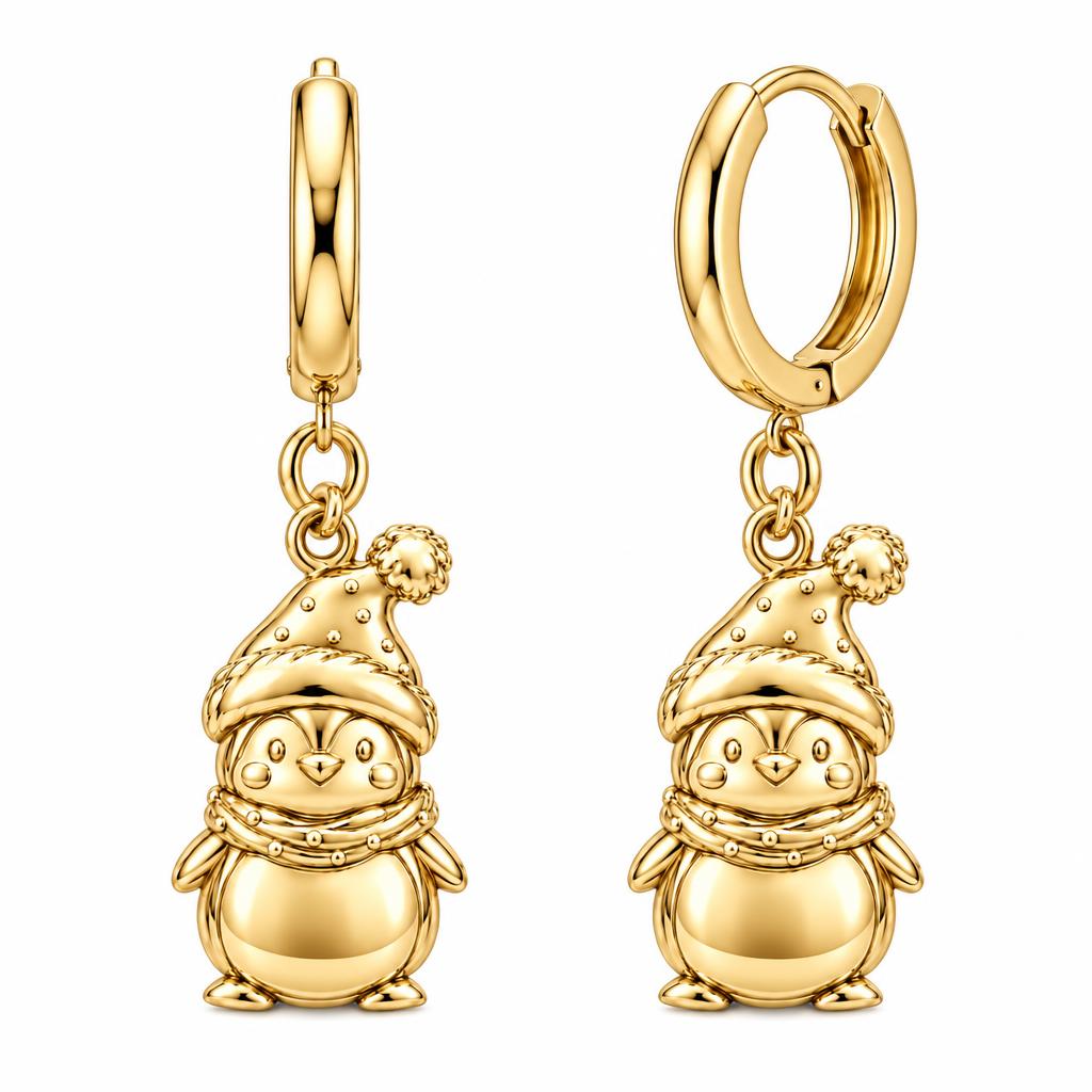 Winter Waddle Penguin Huggie Charm Earrings – 18K gold, front view