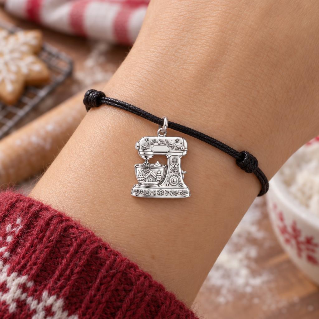 Winter Whimsy Holiday Mixer Charm Bracelet – Personalized Baker Gift – worn on the wrist on a black cord bracelet