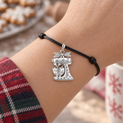 Winter Whisk Stand Mixer Charm Bracelet – Personalized Baker Gift – worn on the wrist on a black cord bracelet