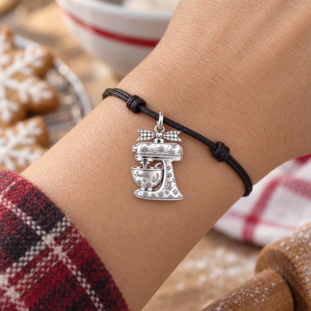 Winter Whisk Stand Mixer Charm Bracelet – Personalized Baker Gift – worn on the wrist on a black cord bracelet