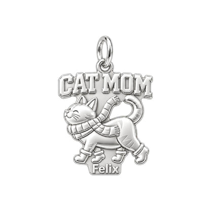 Winter Whisker Snuggle Charm Bracelet – Personalized Cat Mom Gift – silver plated 3 cm charm, front view