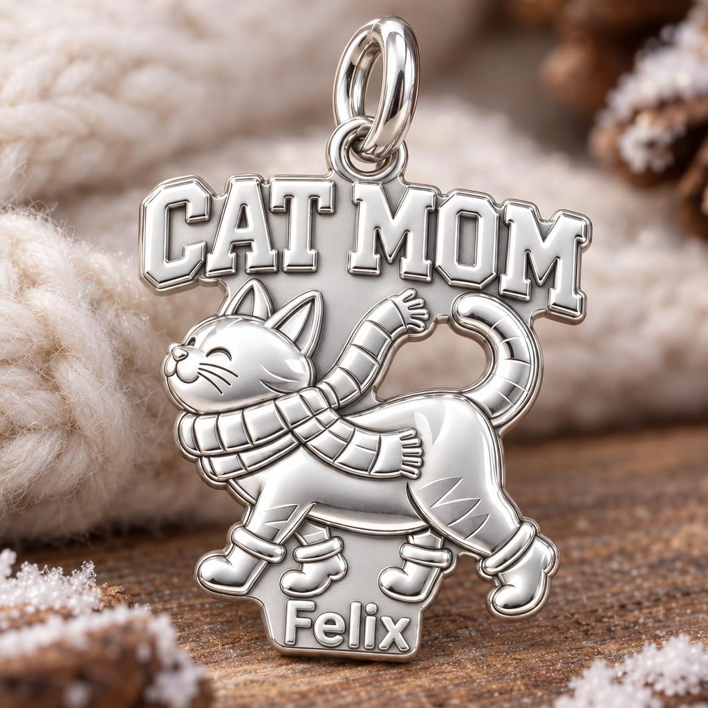 Winter Whisker Snuggle Charm Bracelet – Personalized Cat Mom Gift – macro detail of the charm