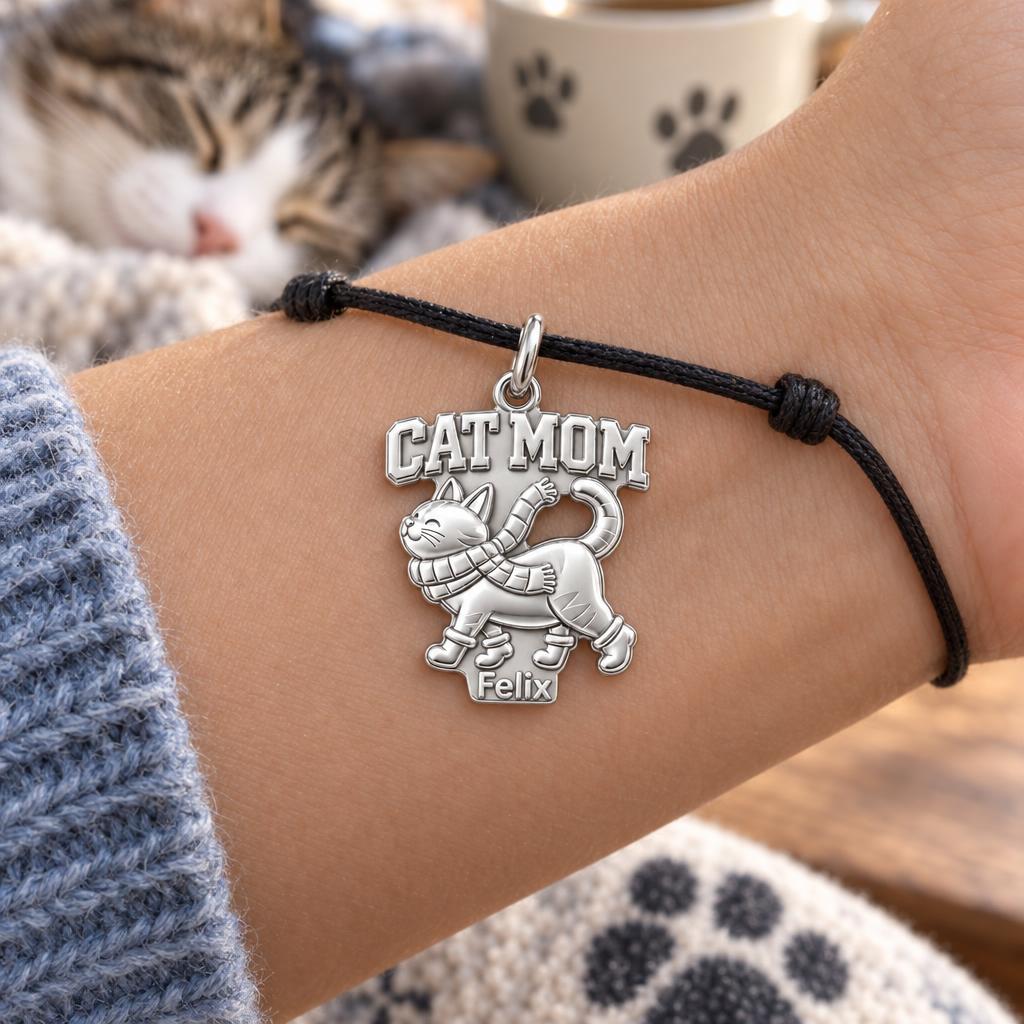 Winter Whisker Snuggle Charm Bracelet – Personalized Cat Mom Gift – worn on the wrist on a black cord bracelet