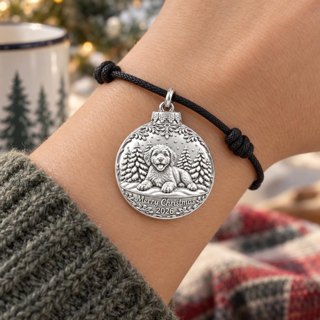 Winter Wonderland Bauble Charm Bracelet – Personalized Dog Mom Gift – worn on the wrist on a black cord bracelet