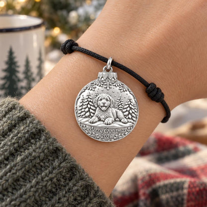Winter Wonderland Bauble Charm Bracelet – Personalized Dog Mom Gift – worn on the wrist on a black cord bracelet