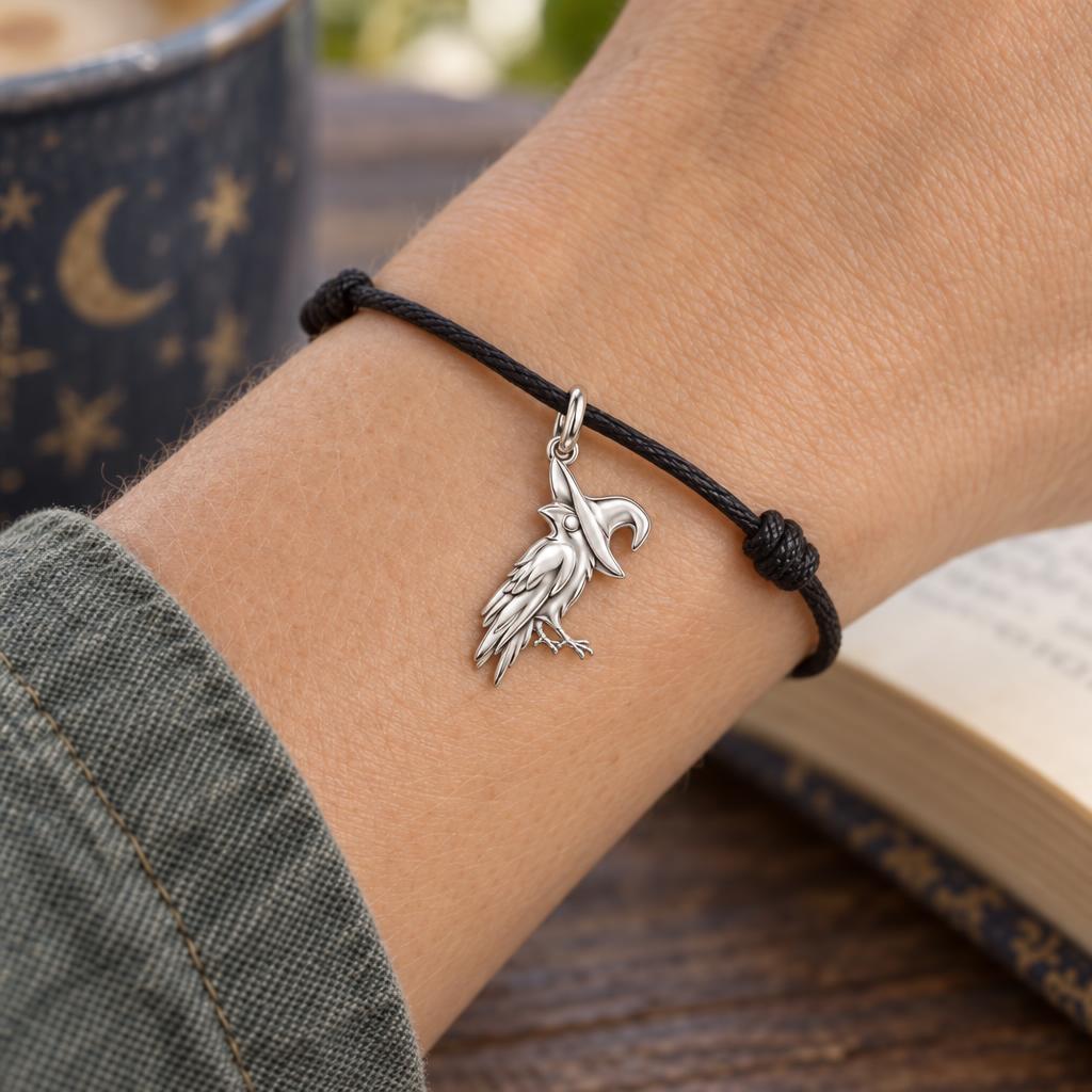 Wise Raven Wizard Charm Bracelet – Personalized Friend Gift – worn on the wrist on a black cord bracelet