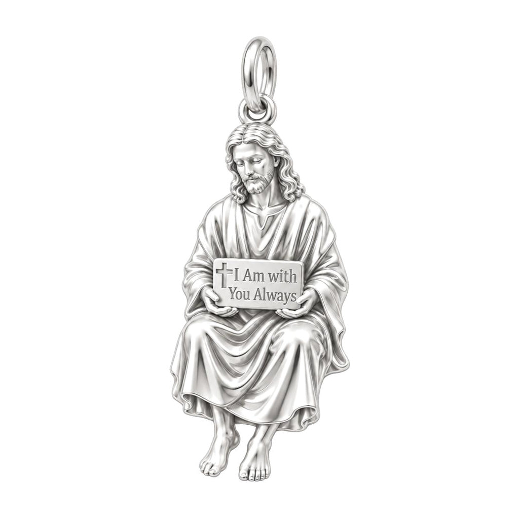 With You Always Jesus Charm and Polyester Cord Bracelet Set – silver plated 3 cm charm, front view