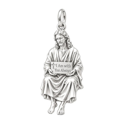 With You Always Jesus Charm and Polyester Cord Bracelet Set – silver plated 3 cm charm, front view