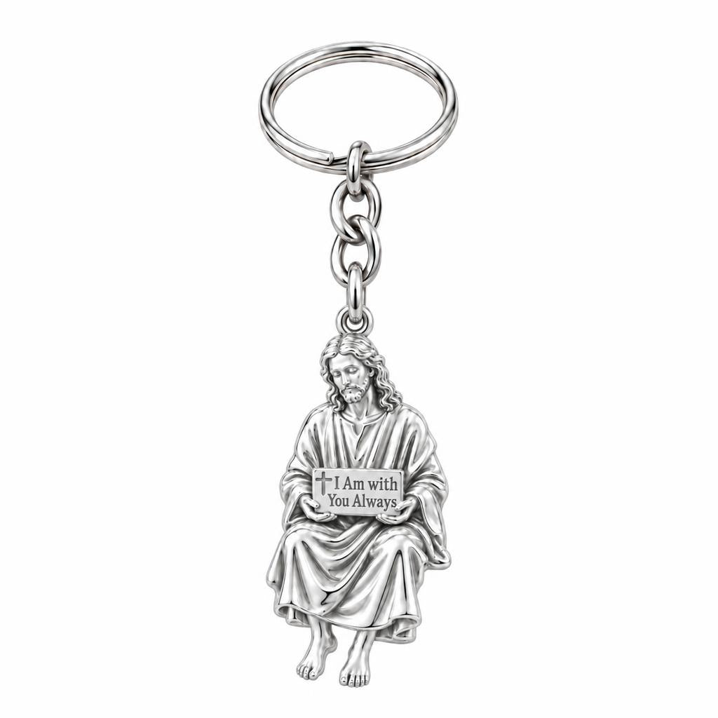 With You Always Jesus Charm Keychain – silver, front view