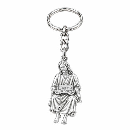With You Always Jesus Charm Keychain – silver, front view