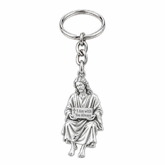 With You Always Jesus Charm Keychain – silver, front view