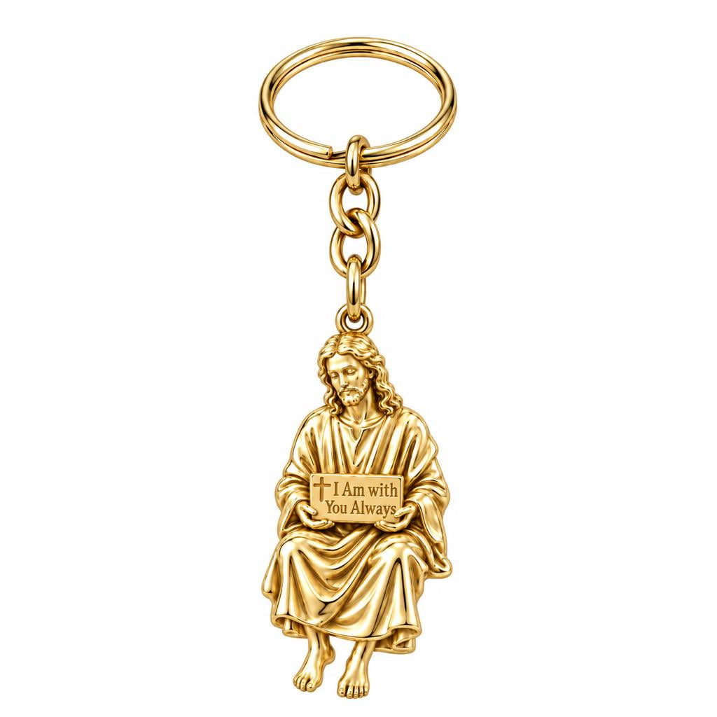 With You Always Jesus Charm Keychain – 18K gold, front view