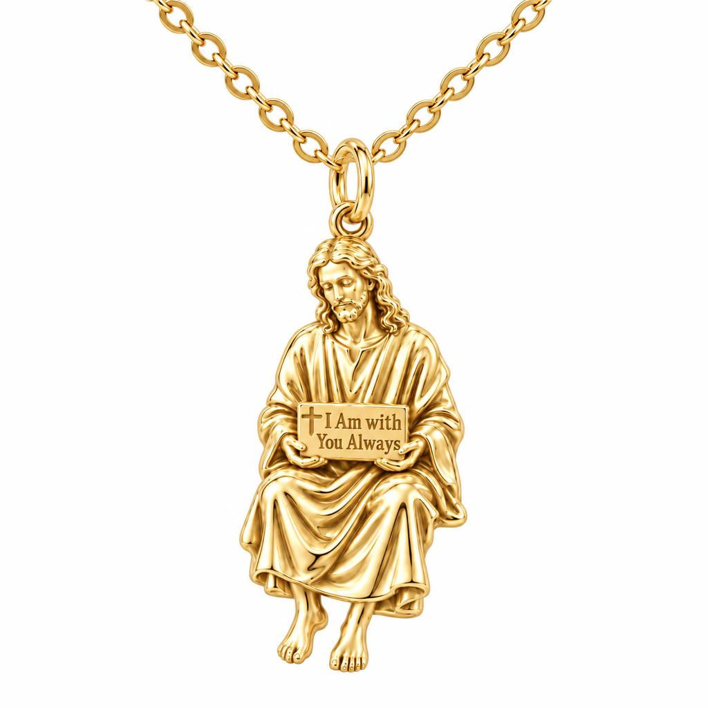 With You Always Jesus Charm Necklace Set – 18K gold, front view