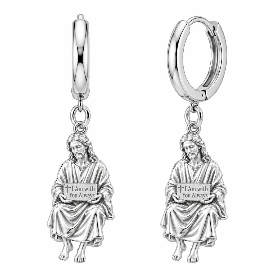 With You Always Jesus Huggie Charm Earrings – silver, front view