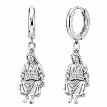 With You Always Jesus Huggie Charm Earrings – silver, front view
