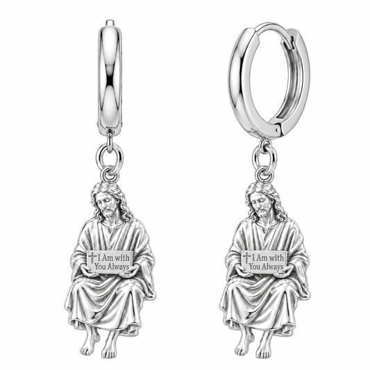 With You Always Jesus Huggie Charm Earrings – silver, front view