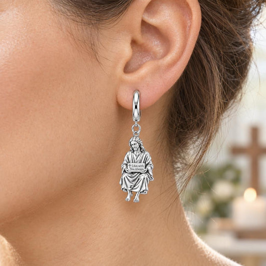 With You Always Jesus Huggie Charm Earrings – worn / in use