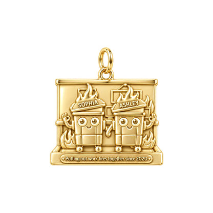 Work Fires Dumpster Duo Charm Bracelet – Personalized Colleague Gift – 18K gold plated 3 cm charm, front view
