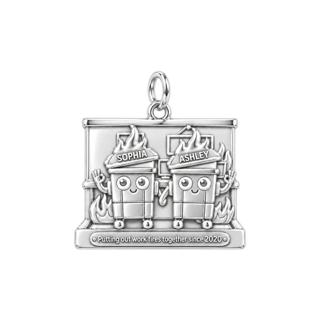 Work Fires Dumpster Duo Charm Bracelet – Personalized Colleague Gift – silver plated 3 cm charm, front view