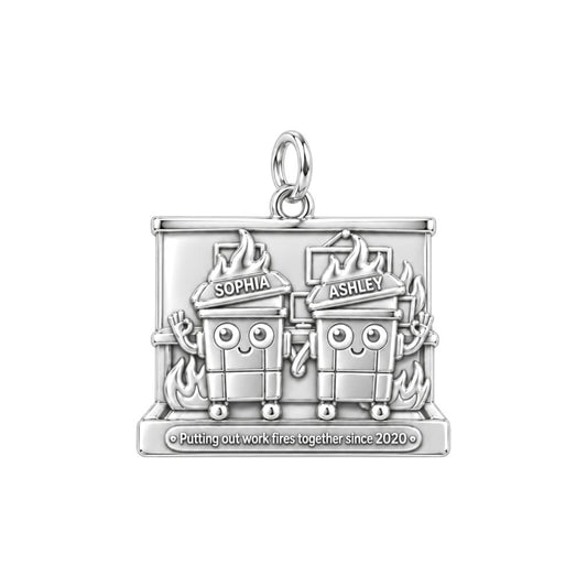 Work Fires Dumpster Duo Charm Bracelet – Personalized Colleague Gift – silver plated 2 cm charm, front view