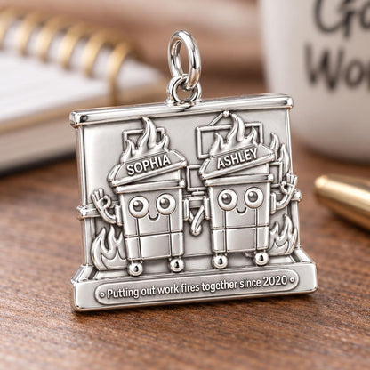 Work Fires Dumpster Duo Charm Bracelet – Personalized Colleague Gift – macro detail of the charm