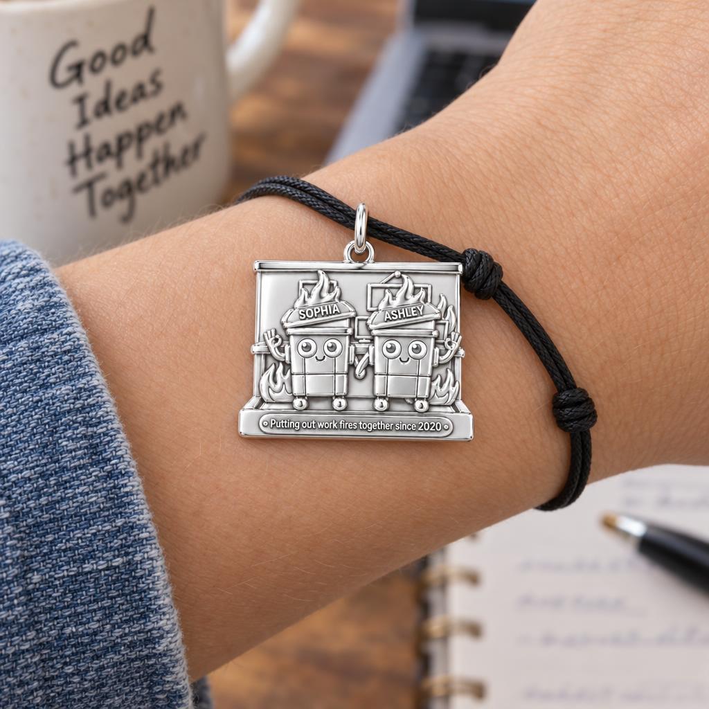 Work Fires Dumpster Duo Charm Bracelet – Personalized Colleague Gift – worn on the wrist on a black cord bracelet