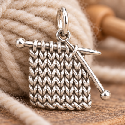 Work in Progress Knitting Charm and Polyester Cord Bracelet Set – macro detail of the charm