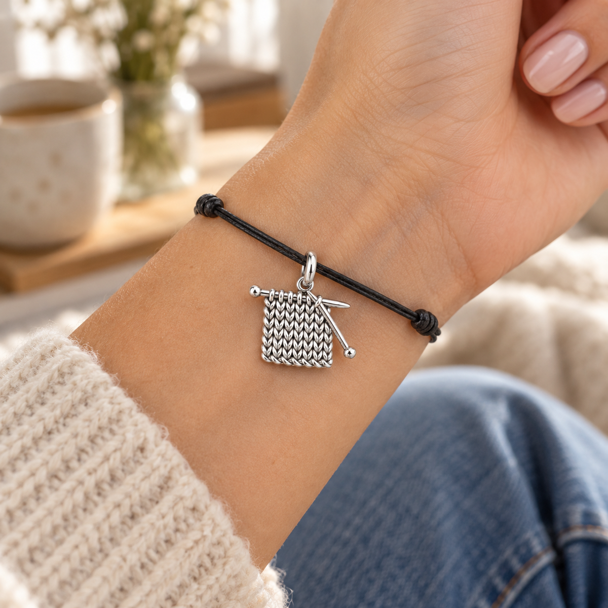 Work in Progress Knitting Charm and Polyester Cord Bracelet Set – worn on the wrist on a black cord bracelet