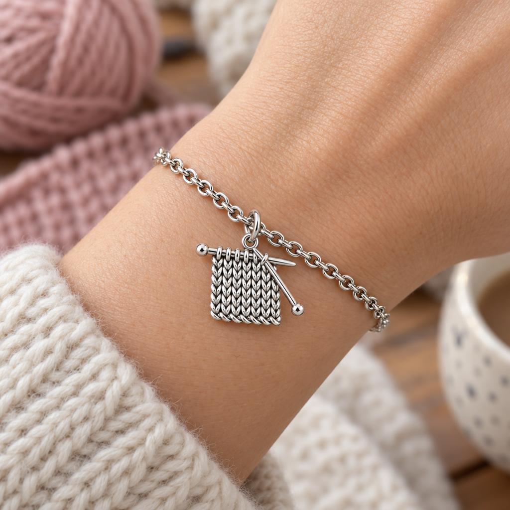 Work in Progress Knitting Charm Bracelet Set – worn / in use
