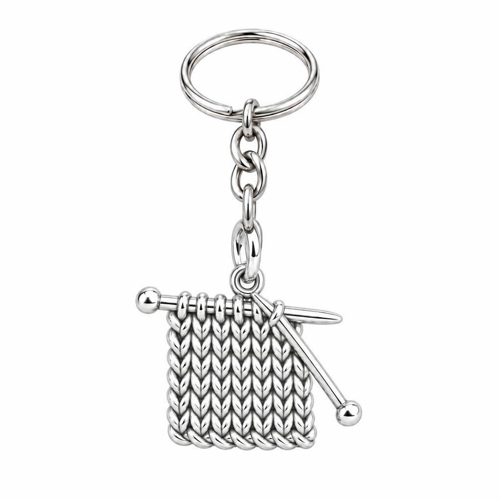 Work in Progress Knitting Charm Keychain – silver, front view