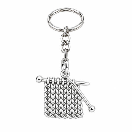 Work in Progress Knitting Charm Keychain – silver, front view