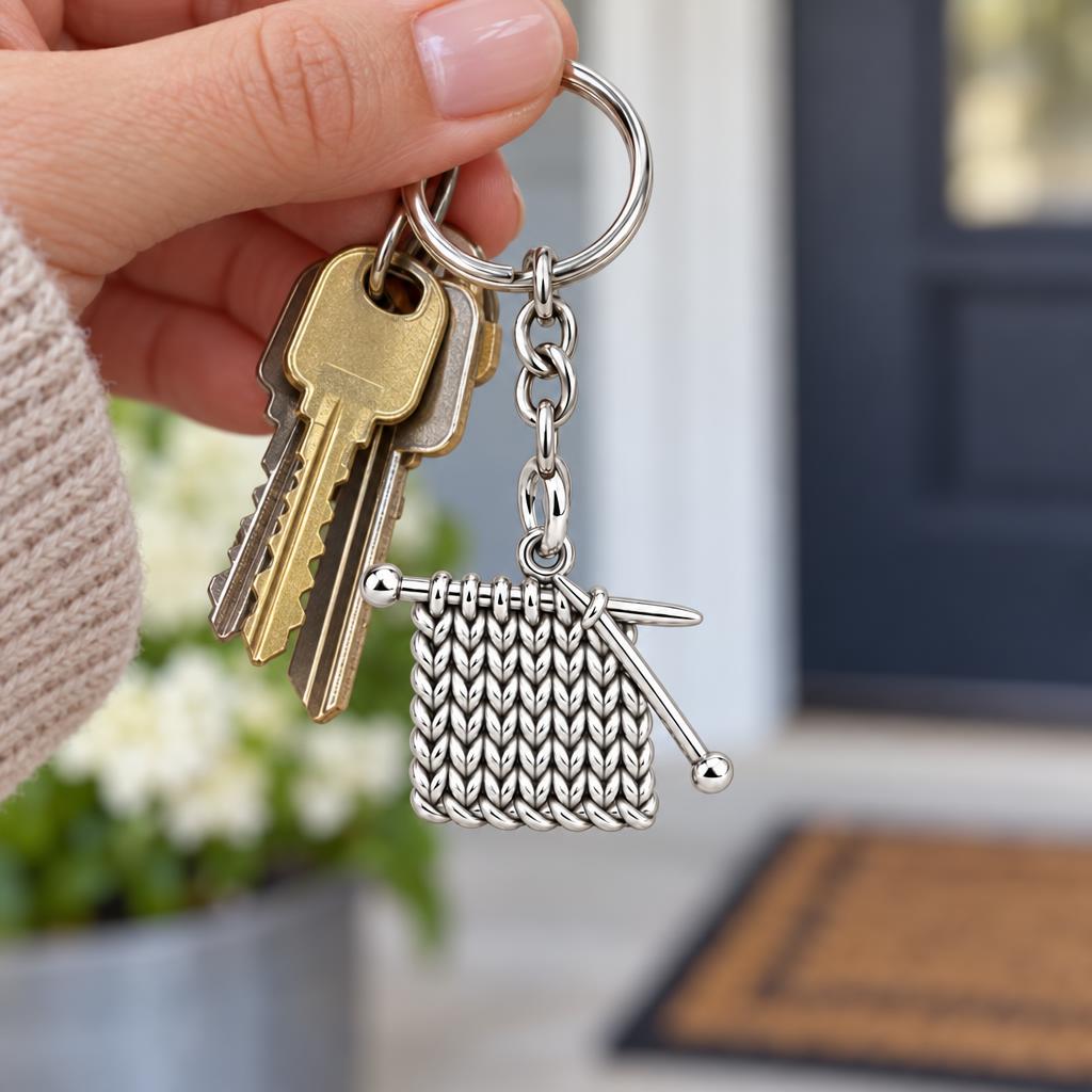 Work in Progress Knitting Charm Keychain – worn / in use