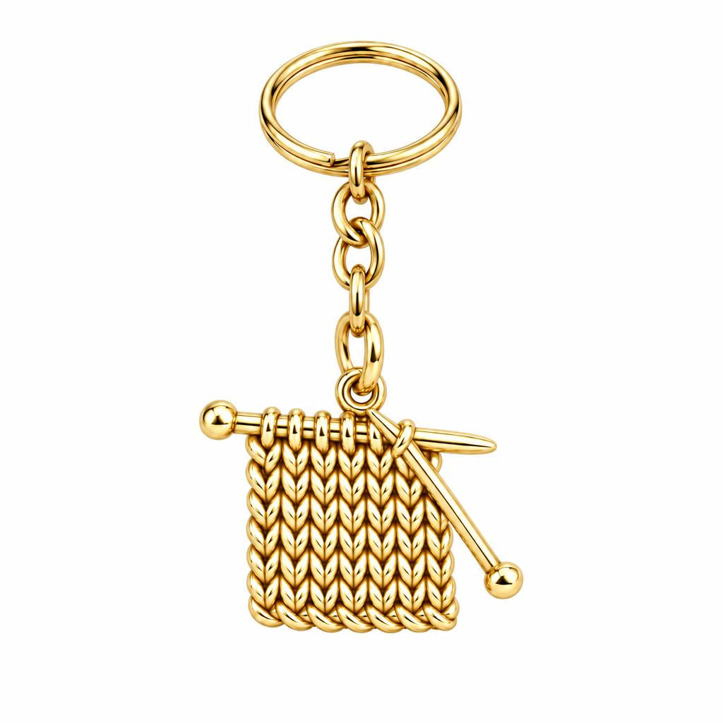 Work in Progress Knitting Charm Keychain – 18K gold, front view