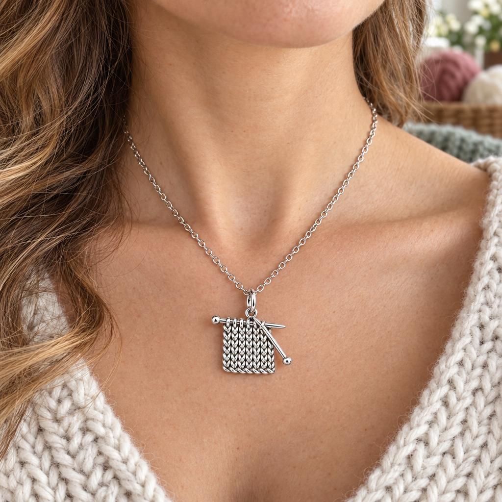 Work in Progress Knitting Charm Necklace Set – worn / in use