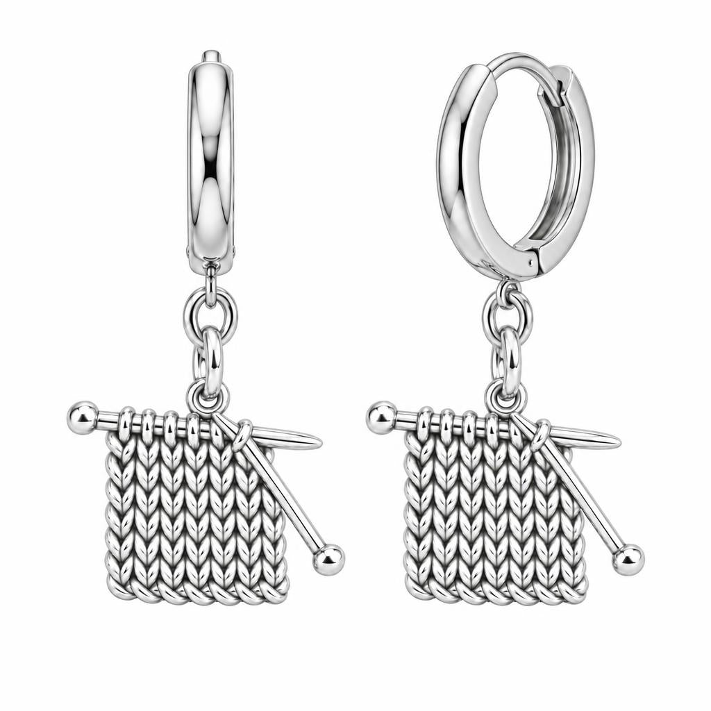Work in Progress Knitting Huggie Charm Earrings – silver, front view