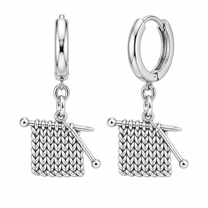 Work in Progress Knitting Huggie Charm Earrings – silver, front view