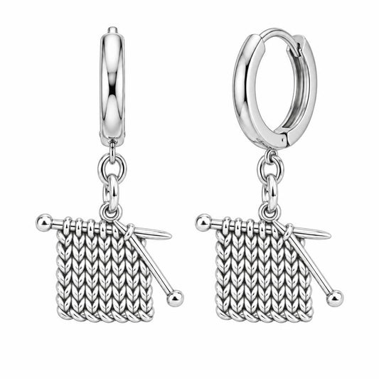 Work in Progress Knitting Huggie Charm Earrings – silver, front view