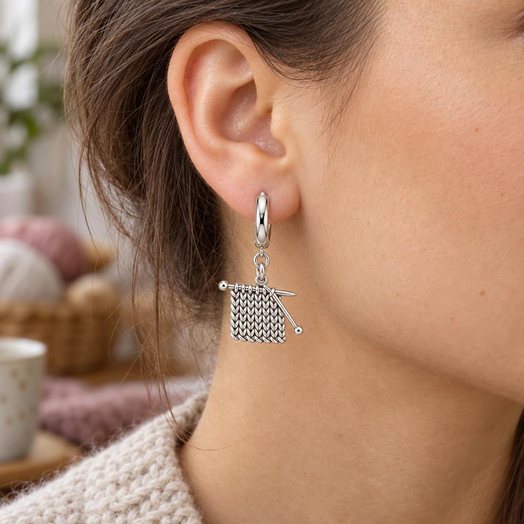Work in Progress Knitting Huggie Charm Earrings – worn / in use