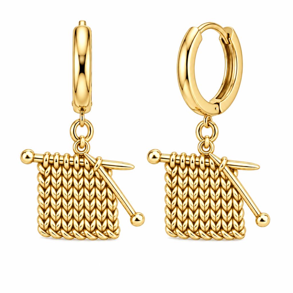 Work in Progress Knitting Huggie Charm Earrings – 18K gold, front view