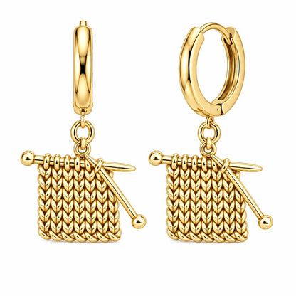 Work in Progress Knitting Huggie Charm Earrings – 18K gold, front view